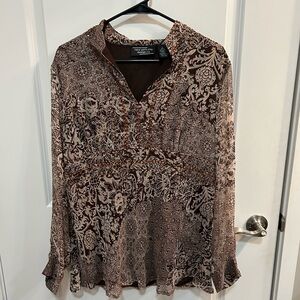 New York City Design Company 100% Silk Brown Paisley Beaded Blouse Size L